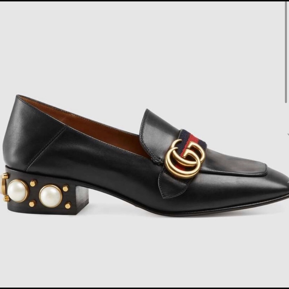 Gucci Leather and pearl mid-heel loafer